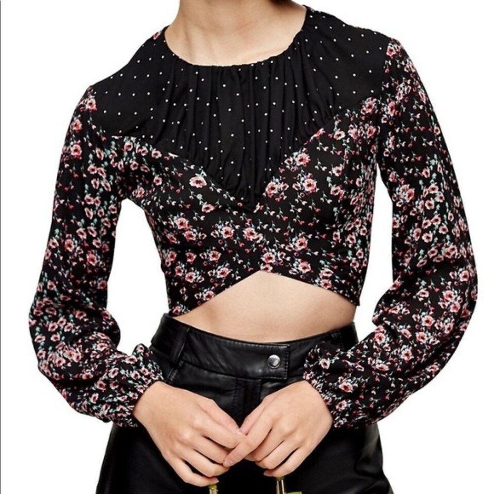 Topshop Open Tie Back Long Sleeve Crop Blouse In Black Floral Size 6 EUC